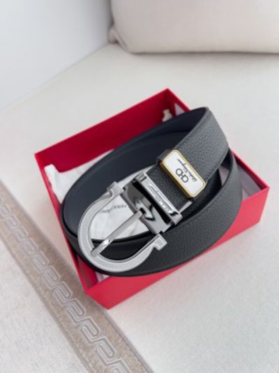 1:1 Ferragamo Black Leather Belt  with Silver  Logo buckle Needle Buckle 3.5cm